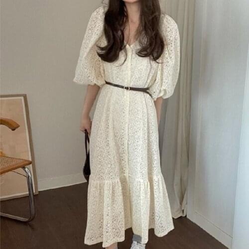 Sannian Women Dress Summer New Retro V-neck Lace Hollow Crochet Single-breasted Bubble Sleeve Dresses Ladies Clothes With Belt