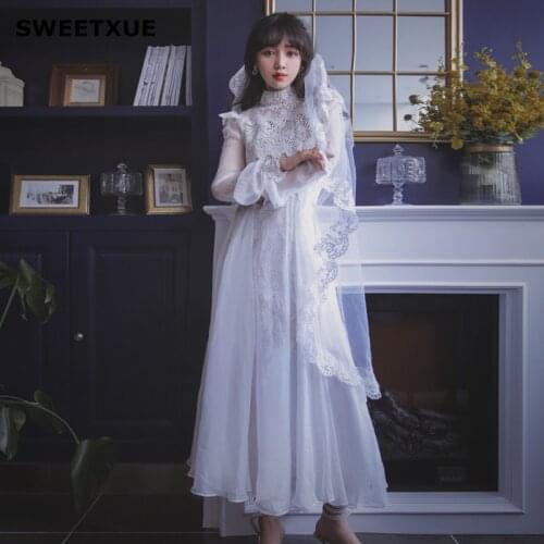 SWEETXUE Elegant Long Sleeve White Dress Summer Women Lace Stitching Chiffon Evening Maxi Dress Holiday Long Party Dress Ladies