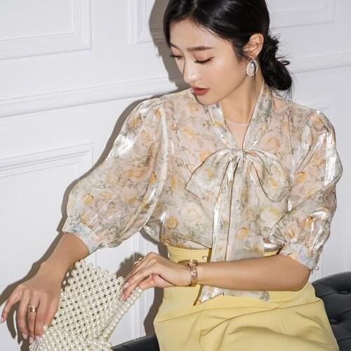 2021 French Elegan Fashion Blouse Organza Floral Print Lace Up Butterfly Knot Short Sleeve Shirt Summer Office Lady Casual Tops