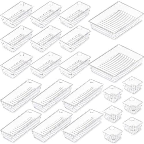 23 Pcs Desk Drawer Organizers Set, Clear Vanity Drawer Organizers and Storage Bins, Plastic Drawer Organizer Trays