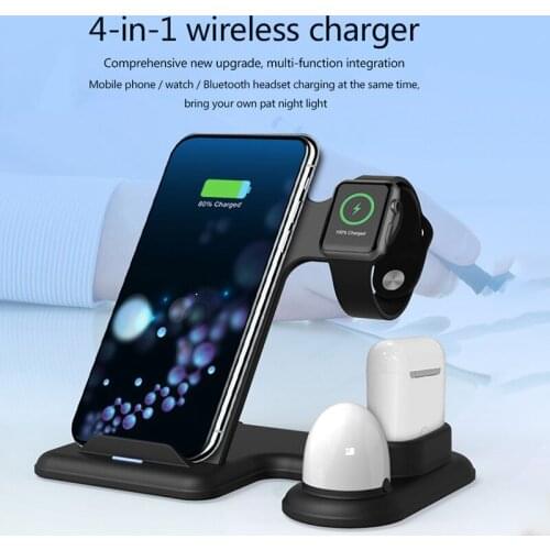 4 In 1 Qi Wireless Charging Pad 10W Fast Charger Night Light For Watch For Earphone Dock Stand Wireless Chargers Qi Certified