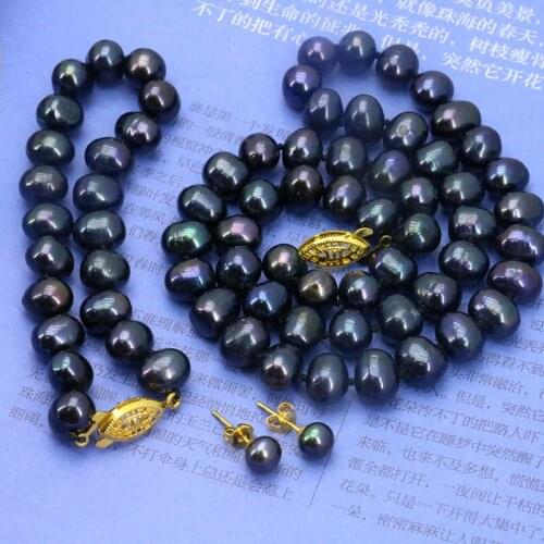 Black pearl necklace set fish buttons 8-9mm DIY necklace 18" bracelet 7.5" earrings 2 piece/lot Women hot sale