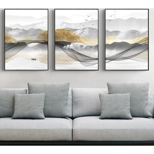 GOODECOR 3Panels Chinese Style Golden and Grey Mountain Landscape Canvas Prints Wall Art Living Room Decor Canvas Painting Art