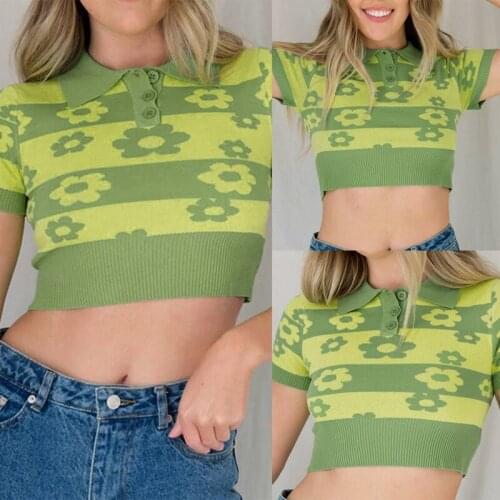 Hot kf-Floral Knitted Crop Tops Sweater Short Sleeve Shirts for Women Green Summer Spring Pullover Knitwear