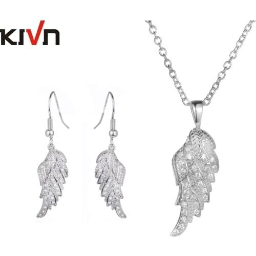 KIVN Jewelry Sets CZ Cubic Zirconia Angel Wing Feather Bridal Wedding Earrings Necklaces Jewelry Sets Mothers Birthday Gifts