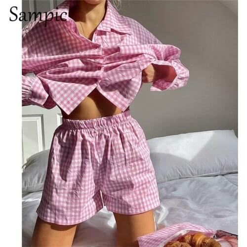 Sampic Sexy Casual Women Tracksuit Pink Plaid Shorts Lounge Wear Long Sleeve Shirt Tops And High Waist Mini Shorts Two Piece Set