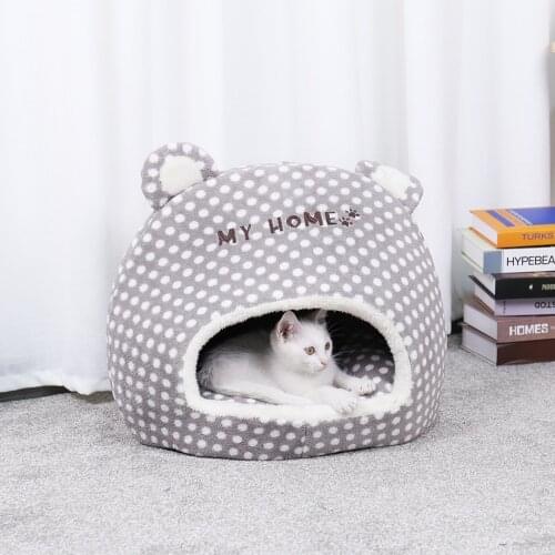 Lovely Pet Cats Beds Houses Thick Warm Sofa Kennel Cat House Soft Beds Mat For Cats Puppy Kitten Cute Cartoon Design Dot Pattern