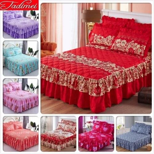 Red Couple Lover Marry Thick Quilted High Quality Beds Skirt Adult Kids Soft Cotton Sheet Cover Linen 180x200 180x220 200x220 cm