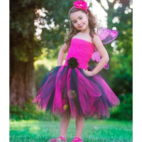Girls Pink Crochet Flower Tutu Dress Kids Ballet Tulle Dress with Butterfly Wing and Hairbow Child Halloween Party Costume Dress