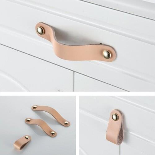 Khaki Black Genuine Leather Cabinet Door Pulls Drawer Knob Handmade Leather Furniture Handle Knobs With Screw For Home Hotel