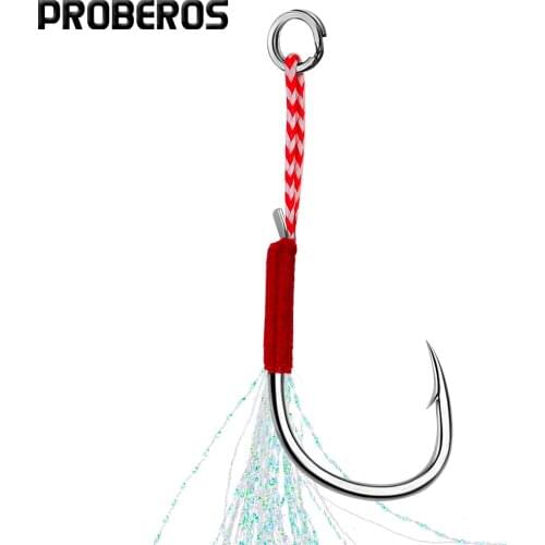 PROBEROS 10Pcs/lot Jig Head Fishhooks 11-13-15-16-17-18-19-20# Cast Jigging Assist Fishing Hooks with Feather Barbed Hooks