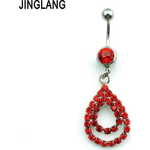Brand New Fashion Belly Button Rings Surgical Steel Bar Dangle Red Rhinestone Water Drop Navel Piercing Jewelry