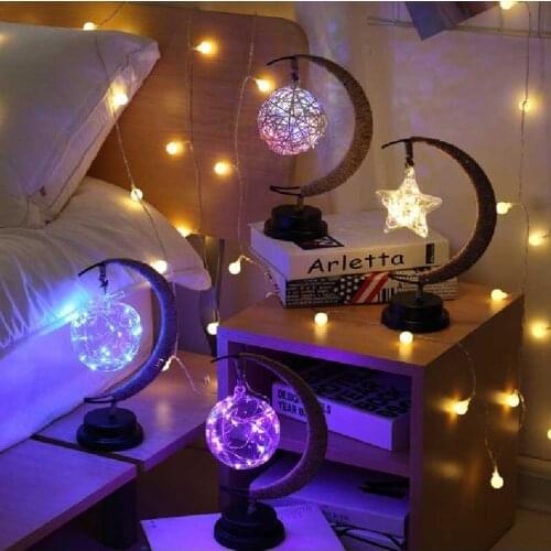 Led Stars/Moon /Apple /Sepak Takraw /Night Light Christmas Gift Handmade Hemp Rope Wrought Iron Table Lamp Party Room Decoration