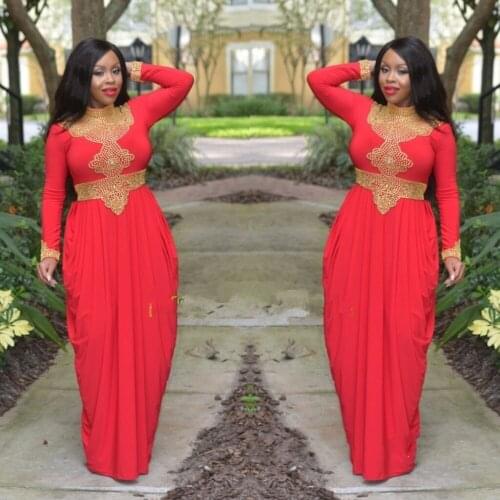 Turkish Dubai Abaya Morrocan Kaftan Red and Gold Beads Evening Dress High Neck Long Sleeve African Style Prom Formal Gowns