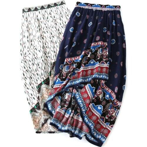 Colorful printing skirt personality folk retro style Elastic waist A-Line skirt women 2021 summer Cotton Rayon silk Street skirt