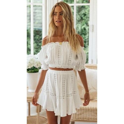 Imcute Two Piece Women Solid Holiday Sets Off Shoulder Short Lantern Crop Top High Waist Mini Skirts Fashion Summer Outfits