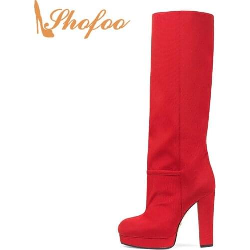 Red Flock High Square Heels Knee Long Boots Round Toe Slip On Large Size 12 15 Women Winter Warm Fashion Platform Shoes Shofoo