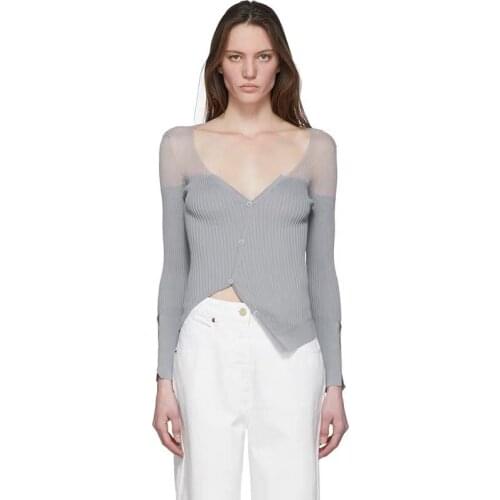 Womens personality knitted cardigan perspective patchwork irregular elegant grey color long sleeved autumn tops for ladies