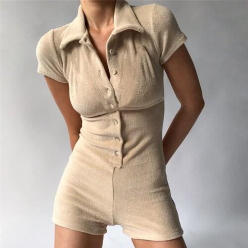 Women Solid Color Overalls Khaki Short Sleeve Button-down Turn-down Collar Playsuit S/ M/ L/ XL For Spring/ Summer
