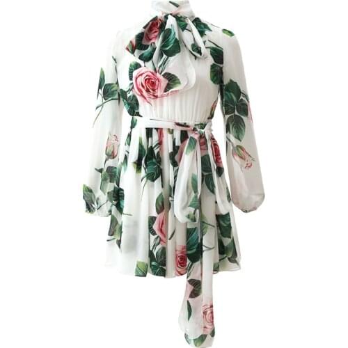 Women Casual Plus Size 3XS-10XL Runway Dress Ladys Long Sleeve Rose Floral Print Knee Length Elegant A Line Chiffon Dresses
