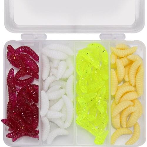 100pcs/box Bread Worm Bait Artificial Silicone Soft Lures 2cm/0.4g Makou lures Hooks Trout Carp Bionic Isca Ice Fishing Tackle