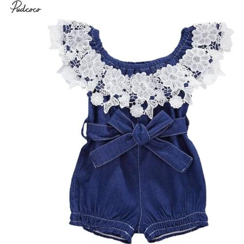 2020 0-24M Cute Lace Infant Baby Girl Denim Romper Summer New Flowers Lace Ruffle Off Shoulder Bow Blue Jumpsuit Playsuit Outfit