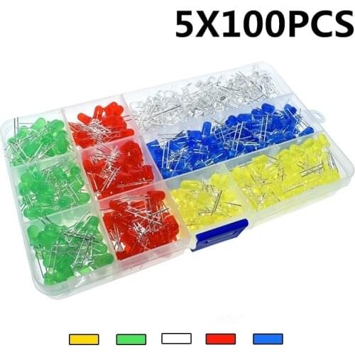 500 Pcs 5mm LED Light Assortment LED Craft Kit Set White Yellow Red Green Blue 5 Kinds X 100 Pcs +Box