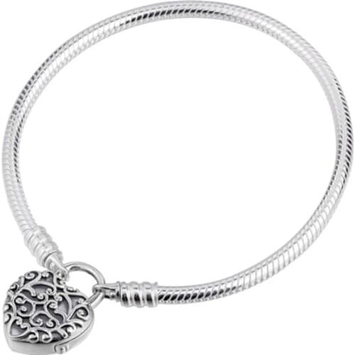 925 Sterling Silver Regal Heart Padlock Stone Clasp Snake Bone Chain Pendant Charm Bracelet DIY Jewelry Making For Women