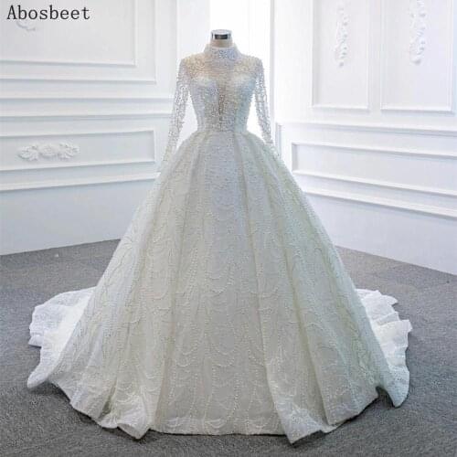 DD JYOY High Neck Luxury Pearls Ball Gown Wedding Dress Long Sleeve 2020 Full Pearls Beads Long Train Wedding Gown Illusion Body