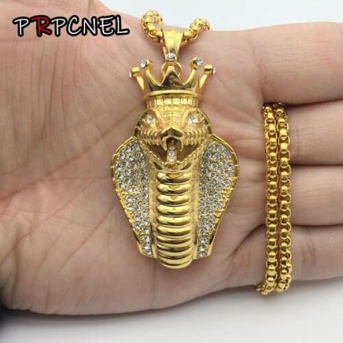Hip hop 2 color Egyptian crown Cobra snake Pendant Necklace with zircons Animal Necklace Jewelry Stainless steel gift for men