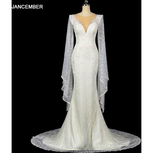 LSDZ51 JANCEMBER White Skinny V-neck Bridal Wedding Dress Long Sleeve Exquisite Applique Print Fishtail Vestido De Noiva