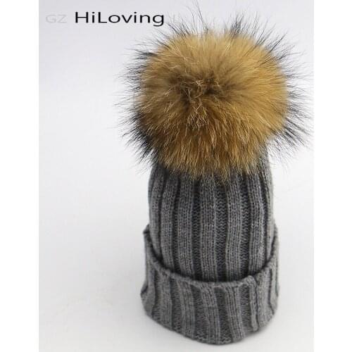 Natural Real Fur Raccoon Pom Poms Hats For Kids Boys Girls 6 month - 3Years Baby Childs Winter Soft Acrylic Knit Beanies Hats