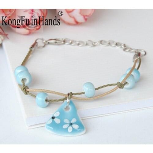 Sweet Ceramic Ladies Bead Rope Bracelet Adjustable Handmade Cherry Blossom Pattern Girlfriend Birthday Valentines Day Gift
