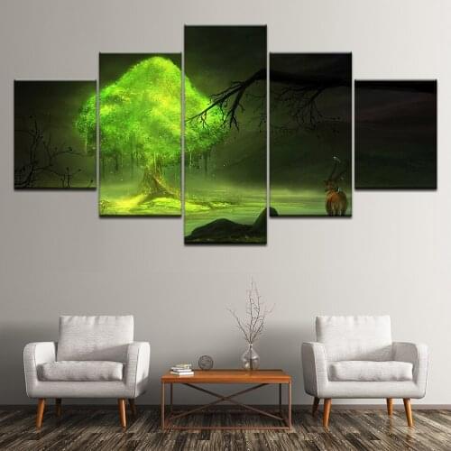 Home Decor Modular Poster Pictures 5 Pcs Deer In Forest With Tree Mountain At Night Wall Art Canvas Painting Printed Living Room