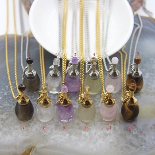 Natural Amethysts/Tiger Eye Perfume Bottle Pendant Necklace,Rose/Smoky/Lemon/White Quartz Essential Oil Diffuser Vial Jewelry