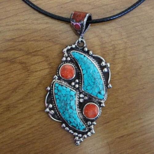 PN130 Nepal Handmade Jewelry Copper Inlaid Stone Flower Pendant Vintage Tibetan Women Pendant