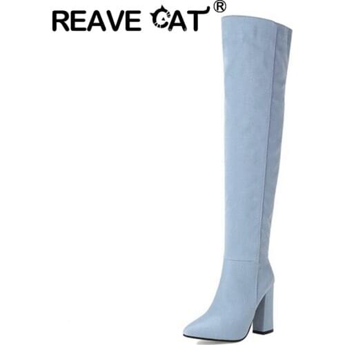 REAVE CAT 2021 Over The Knee Boots Sexy Party Slip On Short Plush Pleated Block Heel Size 33-43 Black Silver Yellow Beige A4493