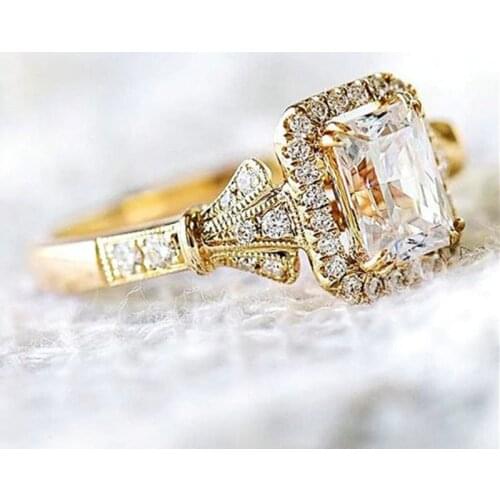 Luxury Female White Crystal Stone Ring Classic Gold Color Wedding Rings For Women Dainty Square Zircon Engagement Ring