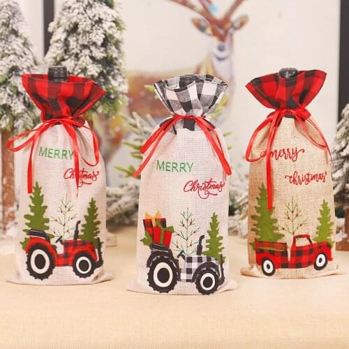 Christmas Ornament Lattice Linen Embroidery Creative Cartoon Car Wine Bottle Cover Champagne Wine Bottle Bag