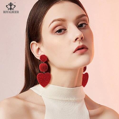 ROYALBEIER Bohemia Long Ball Pendant Hanging Earrings Jewelry Handmade Beads Love Heart Drop Earrings For Party Wedding Gifts