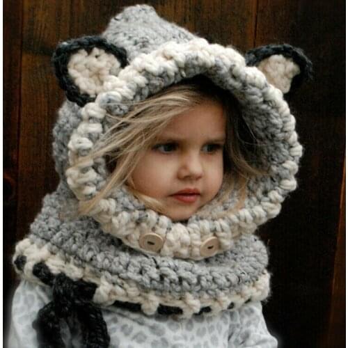 Winter Baby Children Beanie Warm Fox Hat Scarf Earflap Handmade Knit Woolen Cap
