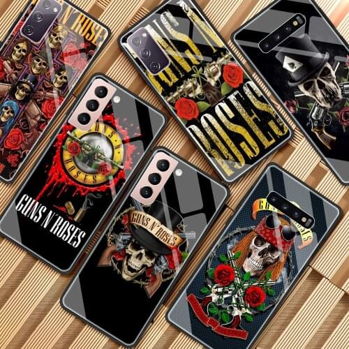Glass Case For Samsung Galaxy S20 FE S21 Ultra S10 S9 Plus Note 20 10 Lite Luxury Tempering Phone Cover Shell Guns N Roses Skull