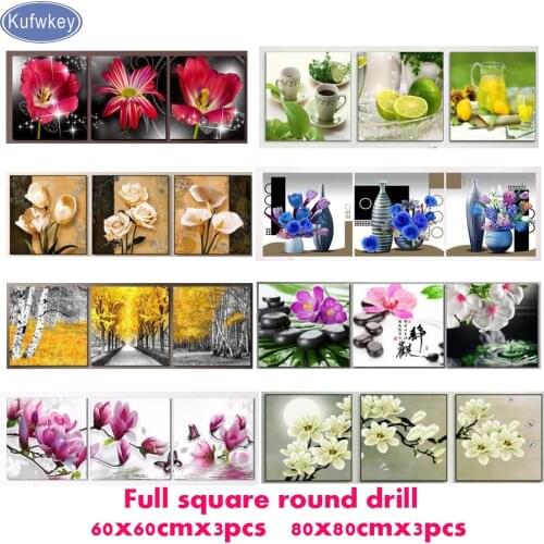 Triptych Diamond mosaic flower Diamond Embroidery"Stones/orchids/Magnolia flower DIY Diamond Painting full square,kitchen decor