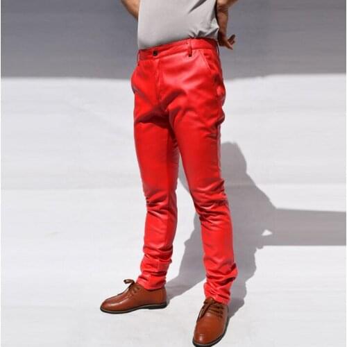 Spring and autumn slim motorcycle male leather trousers mens personality punk non-mainstream PU motorcycle trousers mens gold