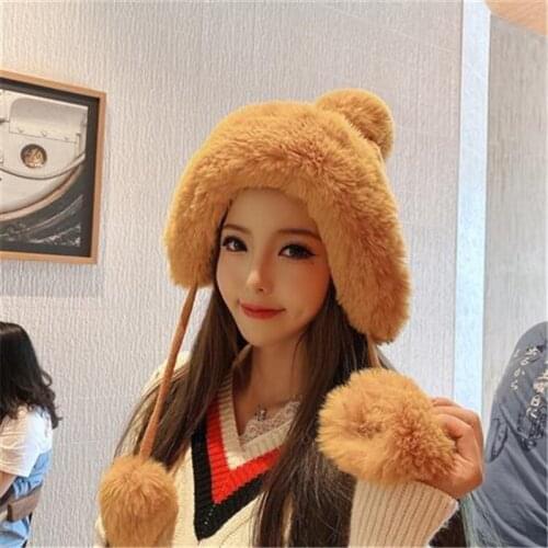 Knitted Hat Women Winter Hat Thicken Plus Velvet Earmuffs Knitted Hat Pompom Hat Girl Female Fashion Winter Warm Hat 2021 New
