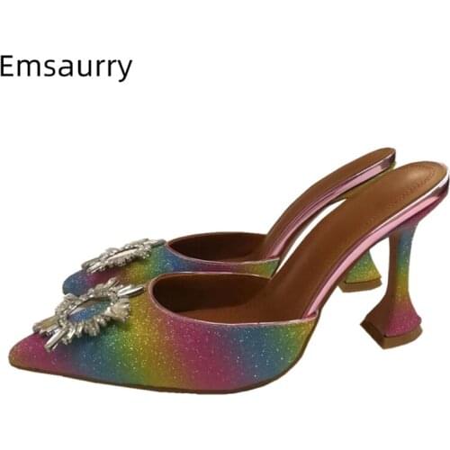 New Design Crystal Sunflower Buckle Sandals Women Sexy Pointed Toe Goblet Heel Colorful Rainbow Color Sequins High Heels Woman