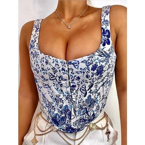 SRUBY Woman Crop Tops Summer Spaghetti straps Porcelain Vest Square Collar Slim Short Tank Top Hidden Breasted Summer Tops