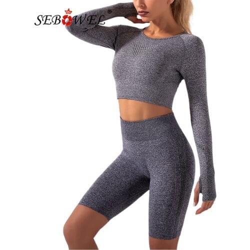 SEBOWEL Womens Long Sleeve Workout Set Two Pieces Outfits Female Cropped Top + Shorts Sports Running Tracksuit Clothes