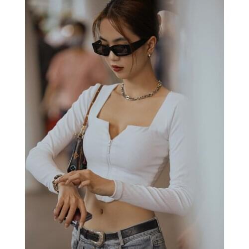 Autumn Sexy Women Crop Top Fashion Skinny Long Sleeve V-Neck Zipper Tops Stylish Black White Shirt for Ladies