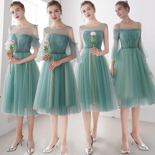 Beauty Emily Knee Length O Neck Green Bridesmaid Dresses 2020 Fashion Appliques Lace Shorter Sleeve A-line Wedding Party Dress